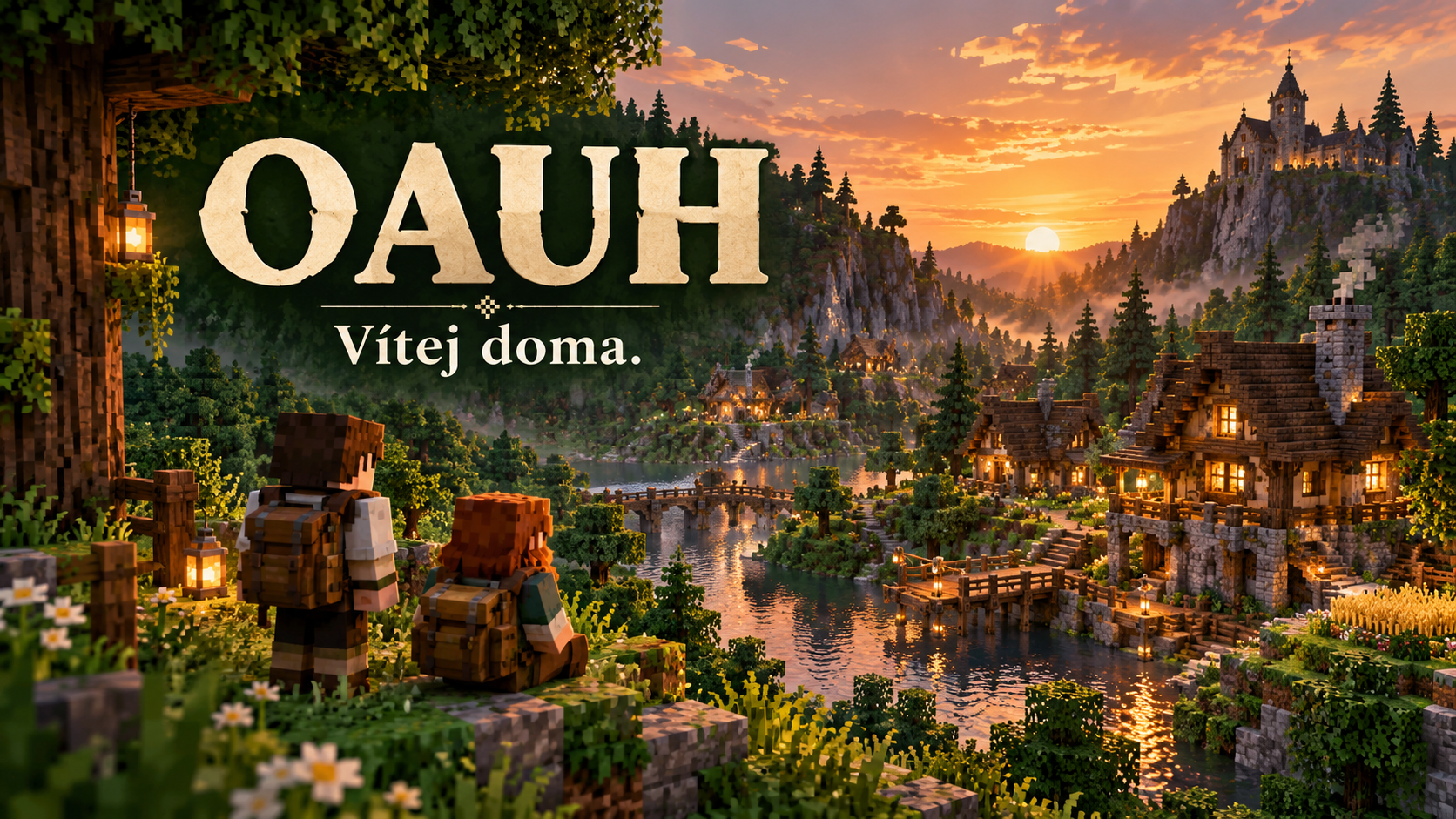 Ilustrace zeleného kostičkového údolí s útulnou základnou při západu slunce